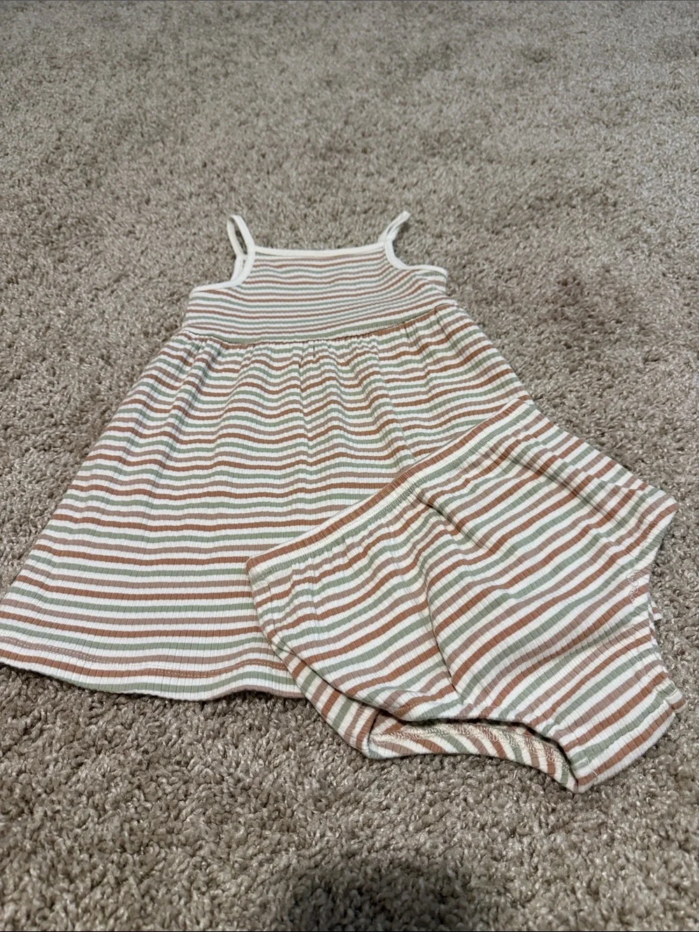 Striped Ribbed Tank Dress with Matching Bloomers - Cream, Tan, Sage